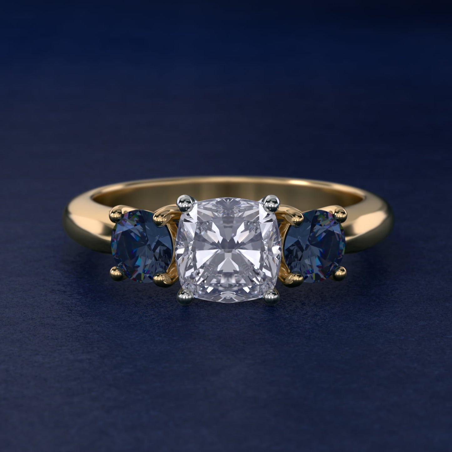 Round Blue Sapphire Three Stone Engagement Ring In 18k Yellow Gold By James Allen - Cushion Center