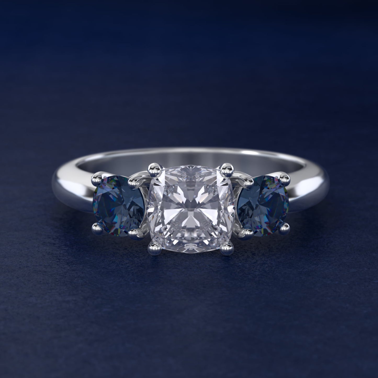Round Blue Sapphire Three Stone Engagement Ring In Platinum By James Allen - Cushion Center
