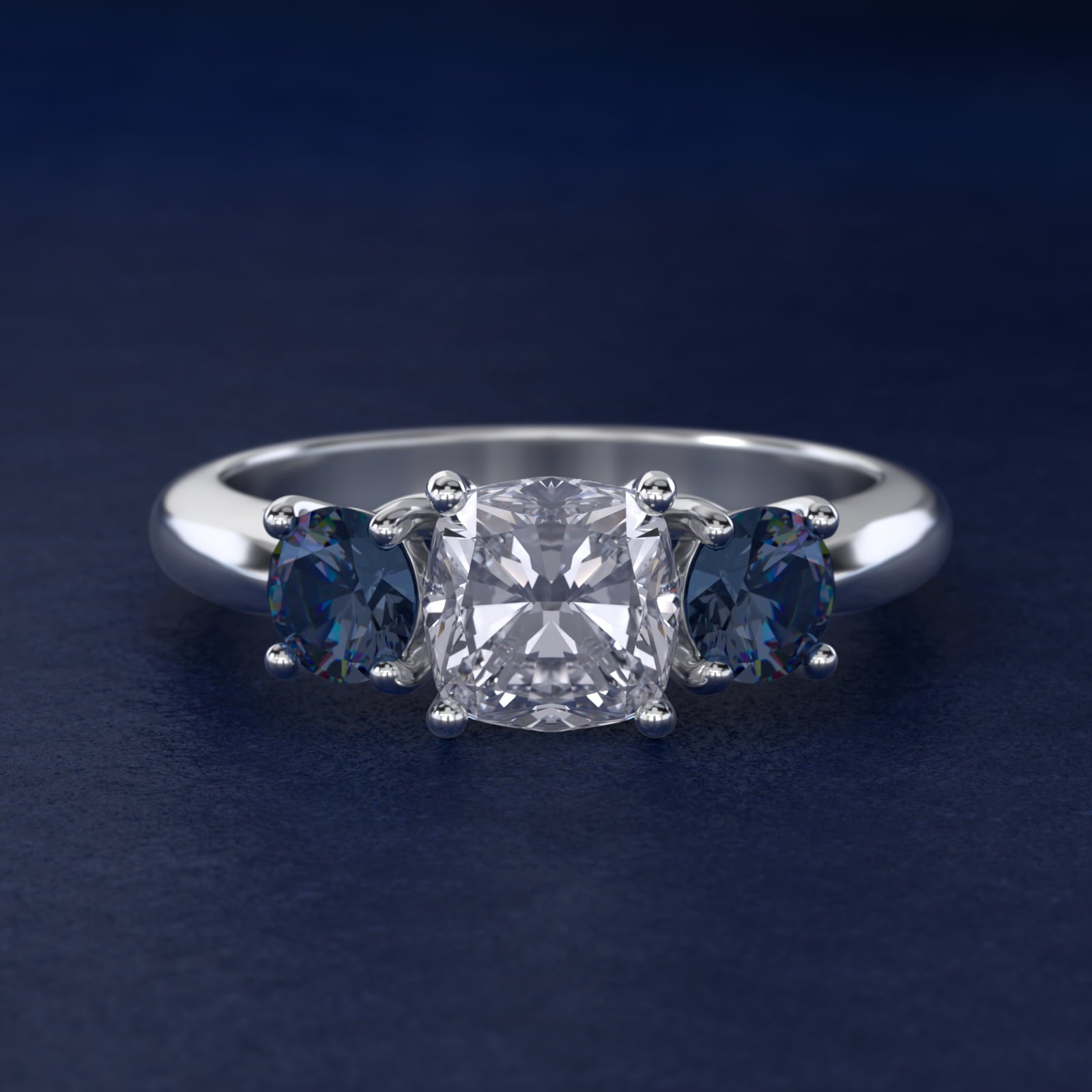 Round Blue Sapphire Three Stone Engagement Ring In Platinum By James Allen - Cushion Center