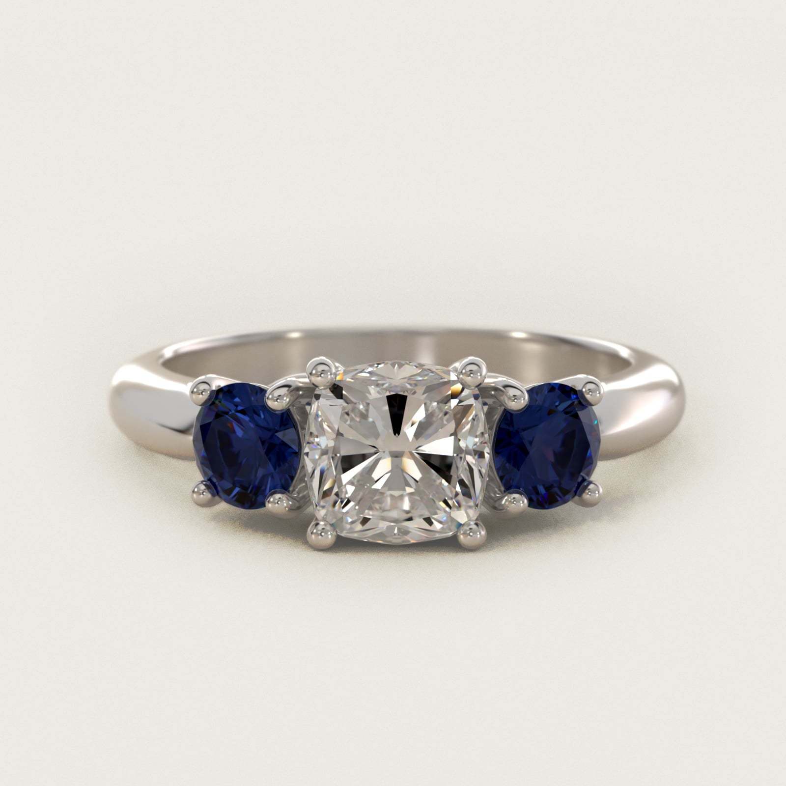 Round Blue Sapphire Three Stone Engagement Ring In Platinum By James Allen - Cushion Center