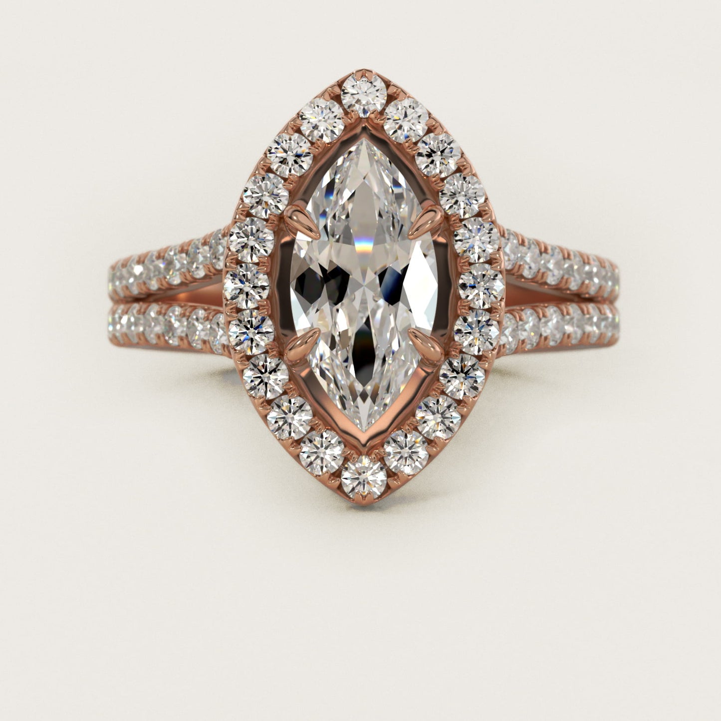 Round Split Band Diamond Halo Engagement Ring In 14K Rose Gold By James Allen - Marquise Center