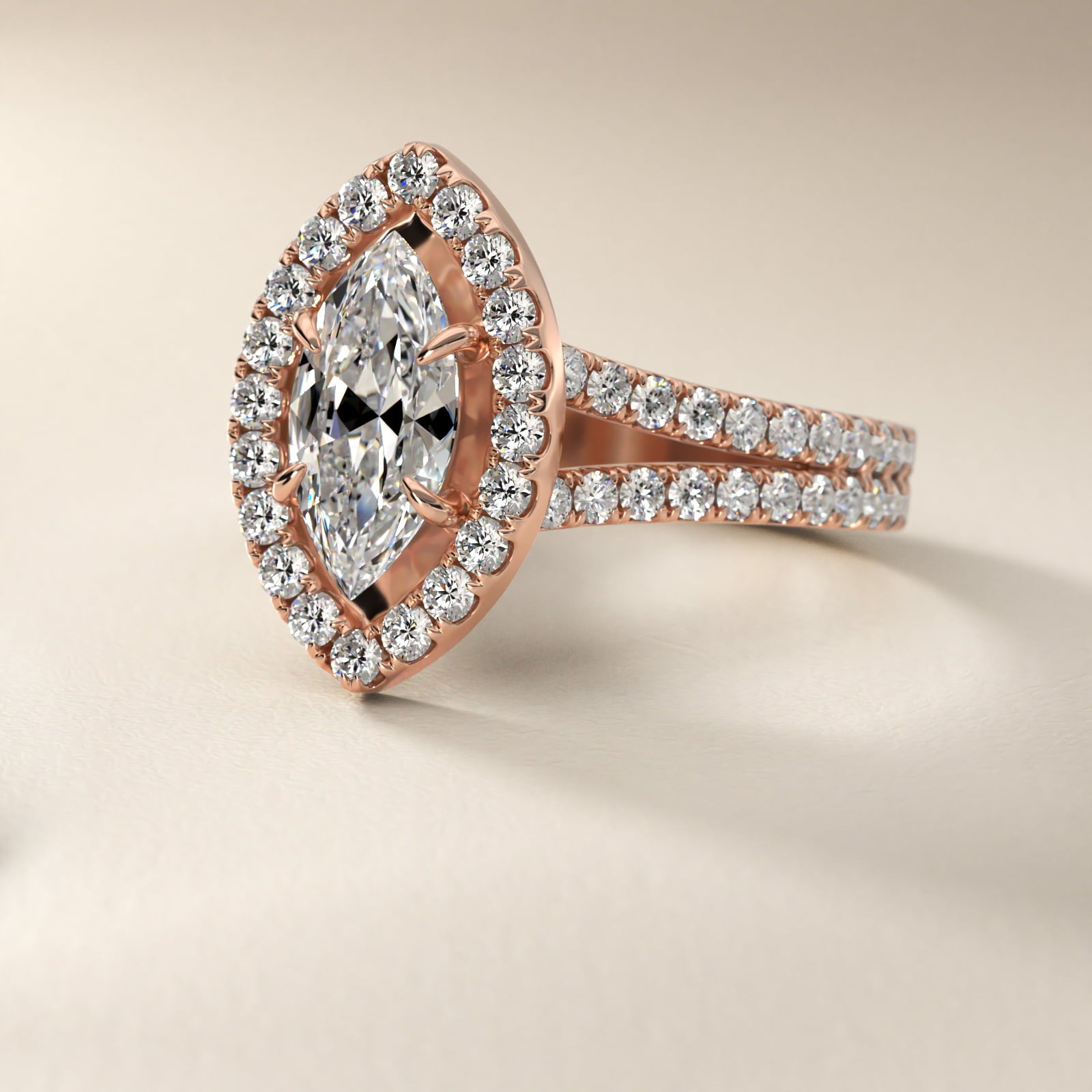Round Split Band Diamond Halo Engagement Ring In 18k Rose Gold By James Allen - Marquise Center