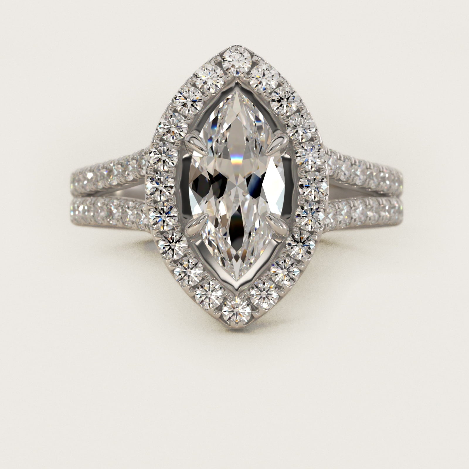 Round Split Band Diamond Halo Engagement Ring In 14K White Gold By James Allen - Marquise Center