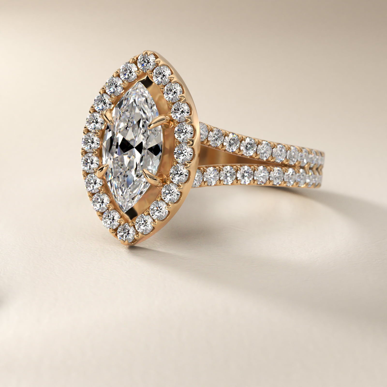Round Split Band Diamond Halo Engagement Ring In 14K Yellow Gold By James Allen - Marquise Center