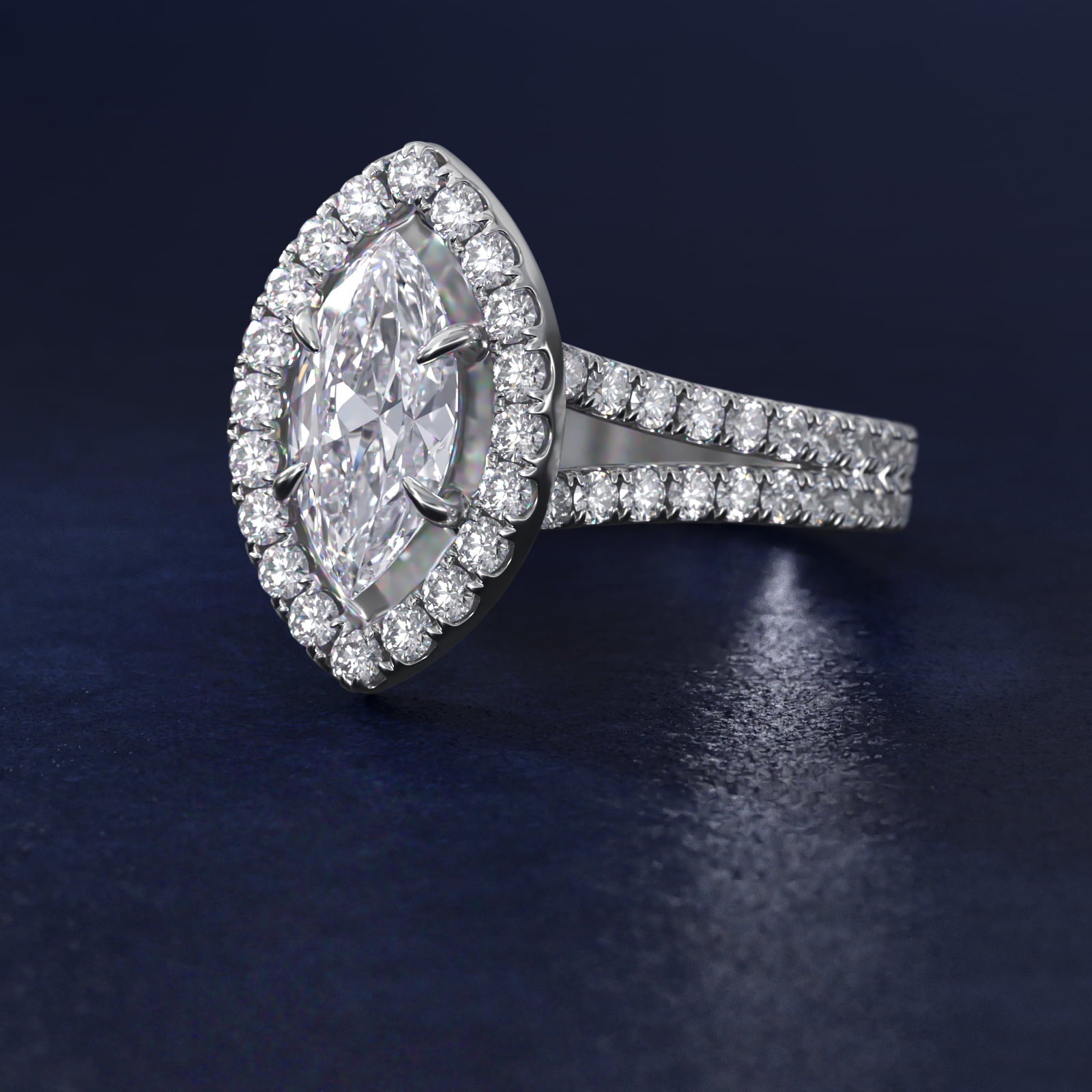 Round Split Band Diamond Halo Engagement Ring In Platinum By James Allen - Marquise Center