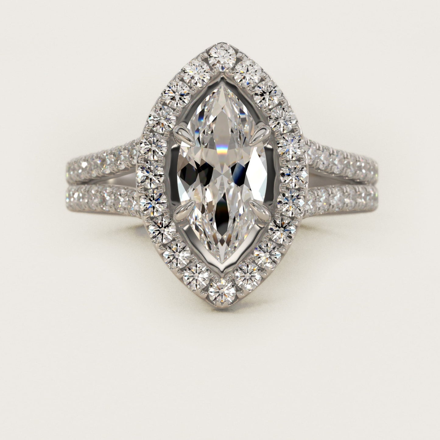 Round Split Band Diamond Halo Engagement Ring In Platinum By James Allen - Marquise Center