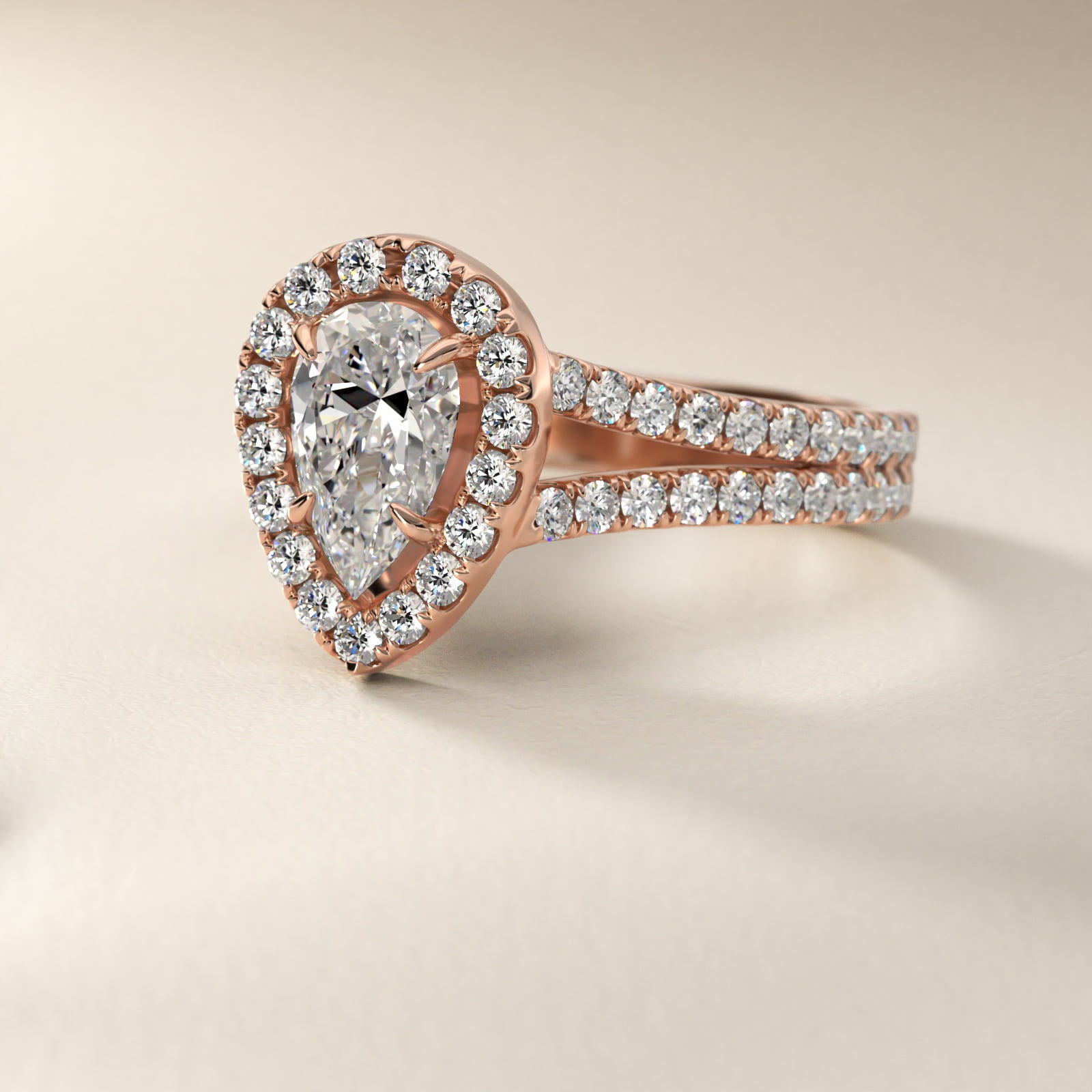Round Split Band Diamond Halo Engagement Ring In 14K Rose Gold By James Allen - Pear Center