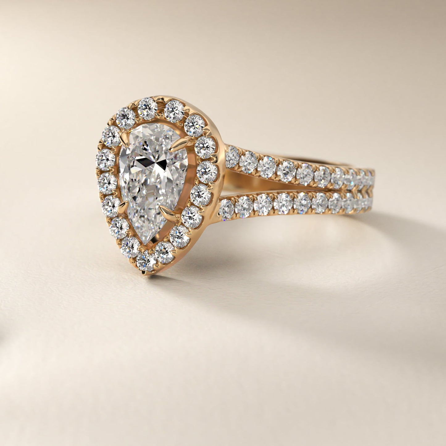 Round Split Band Diamond Halo Engagement Ring In 18k Yellow Gold By James Allen - Pear Center