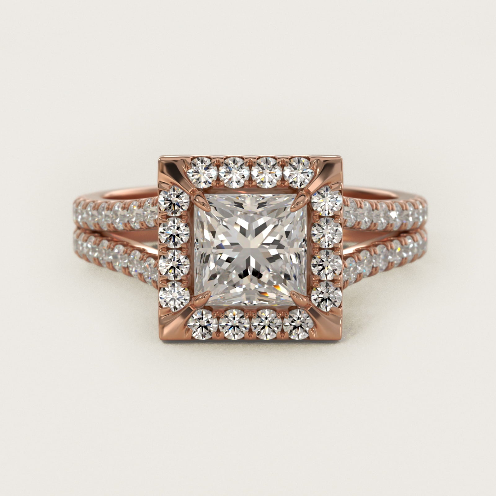 Round Split Band Diamond Halo Engagement Ring In 14K Rose Gold By James Allen - Princess Center