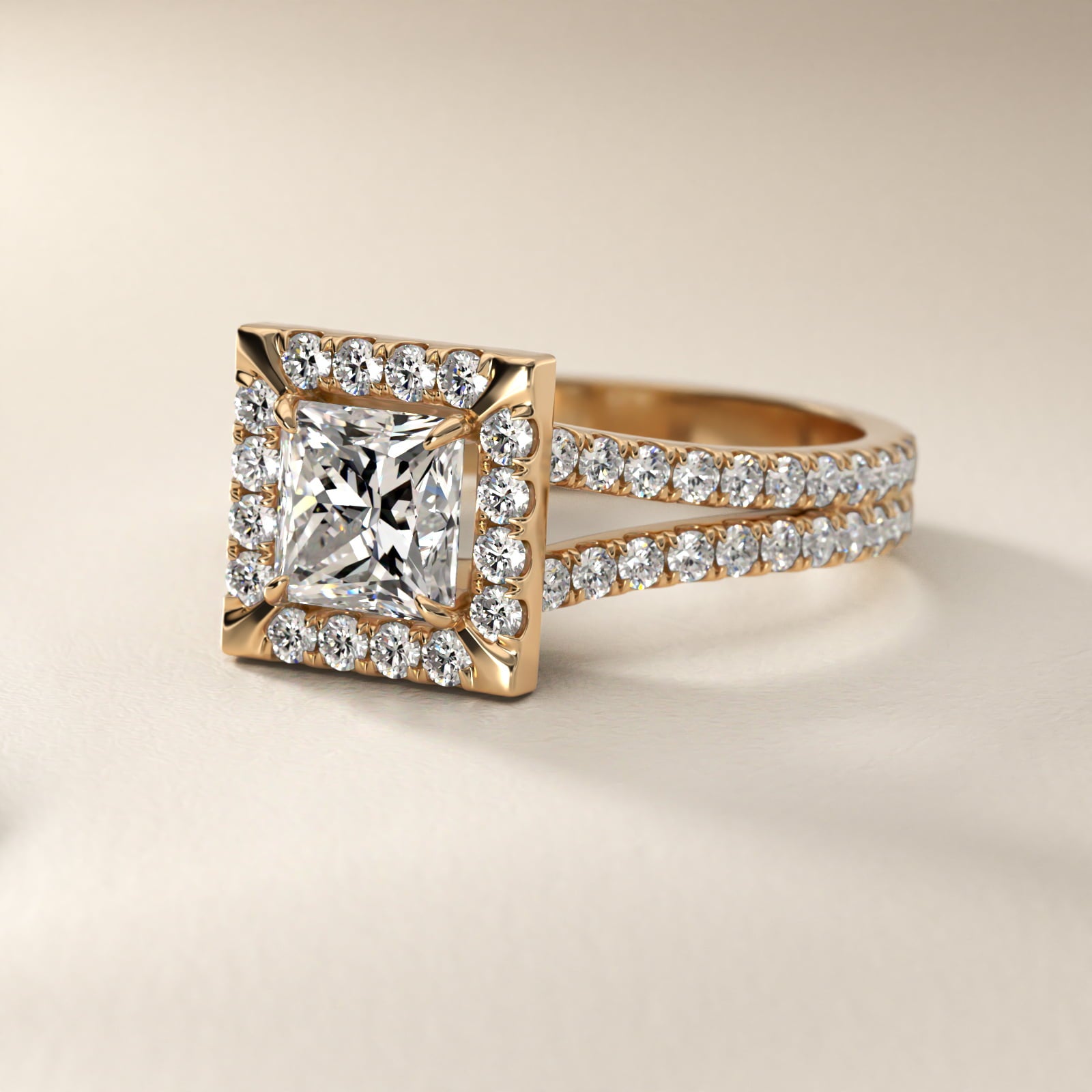 Round Split Band Diamond Halo Engagement Ring In 18k Yellow Gold By James Allen - Princess Center