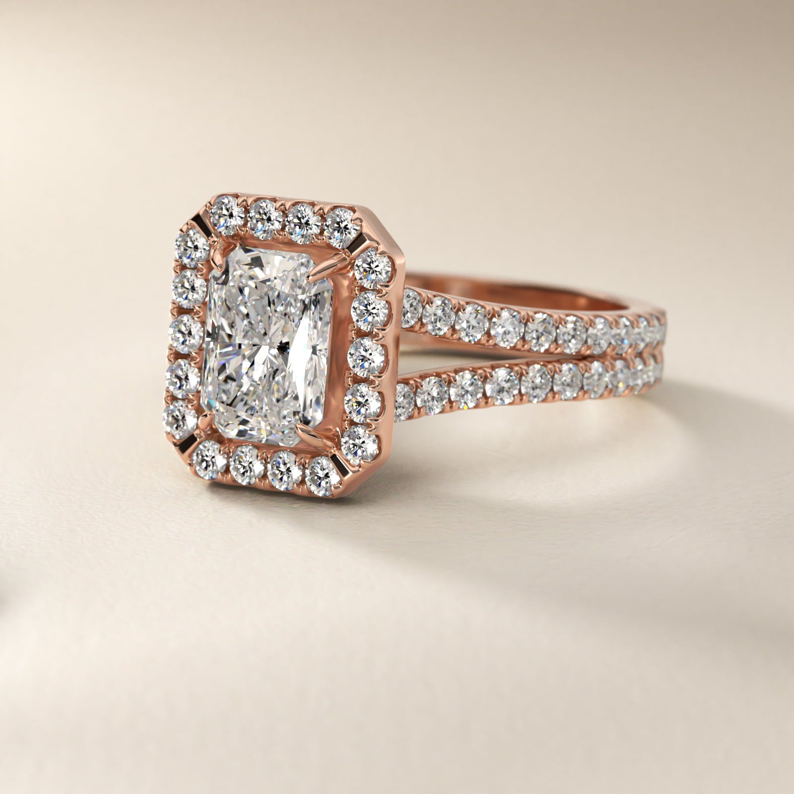 Round Split Band Diamond Halo Engagement Ring In 14K Rose Gold By James Allen - Radiant Center