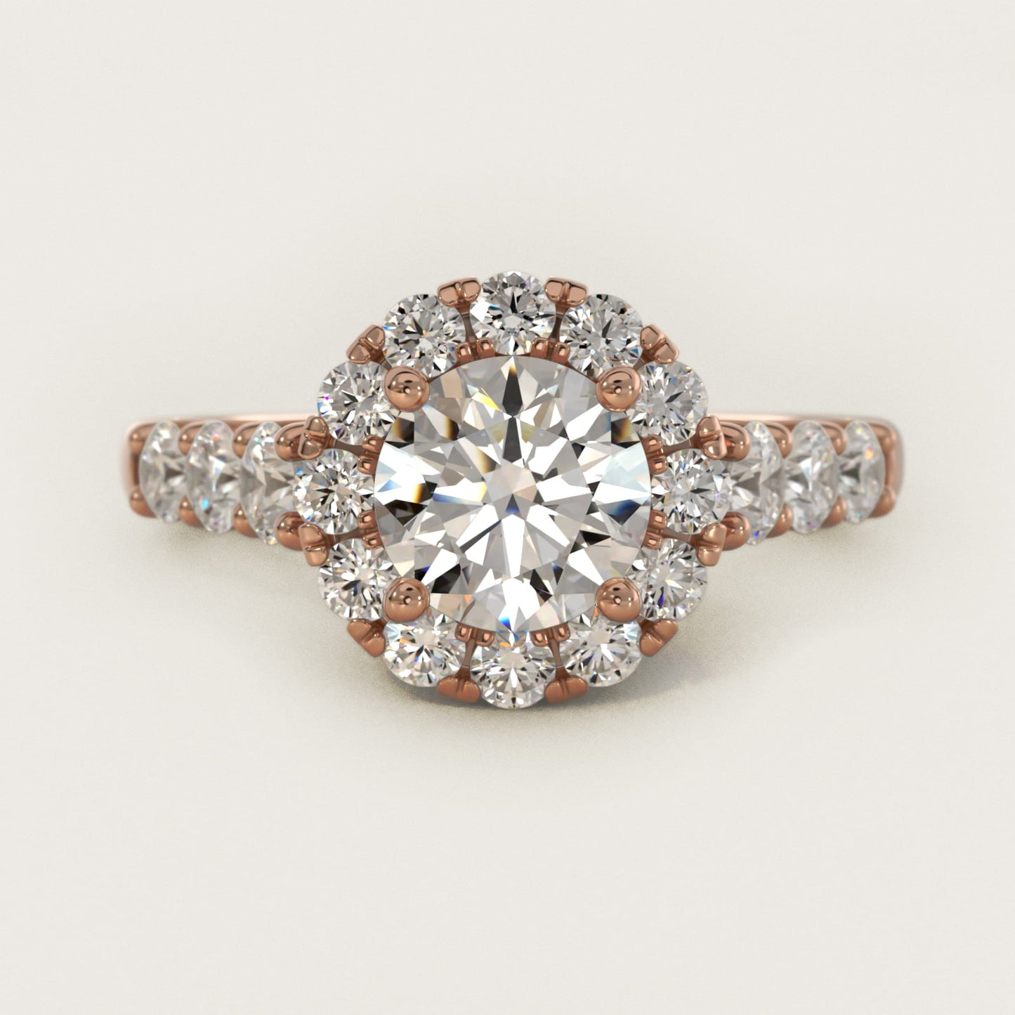 Royal Crown Halo Diamond Engagement Ring in 14k Rose Gold - Round Center