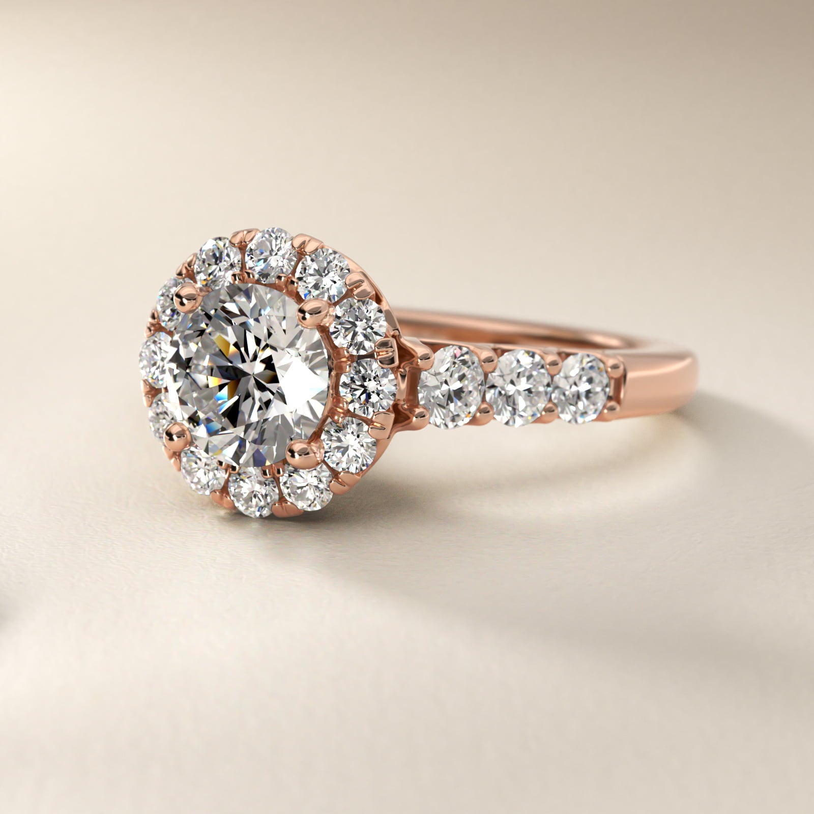 Royal Crown Halo Diamond Engagement Ring in 14k Rose Gold - Round Center