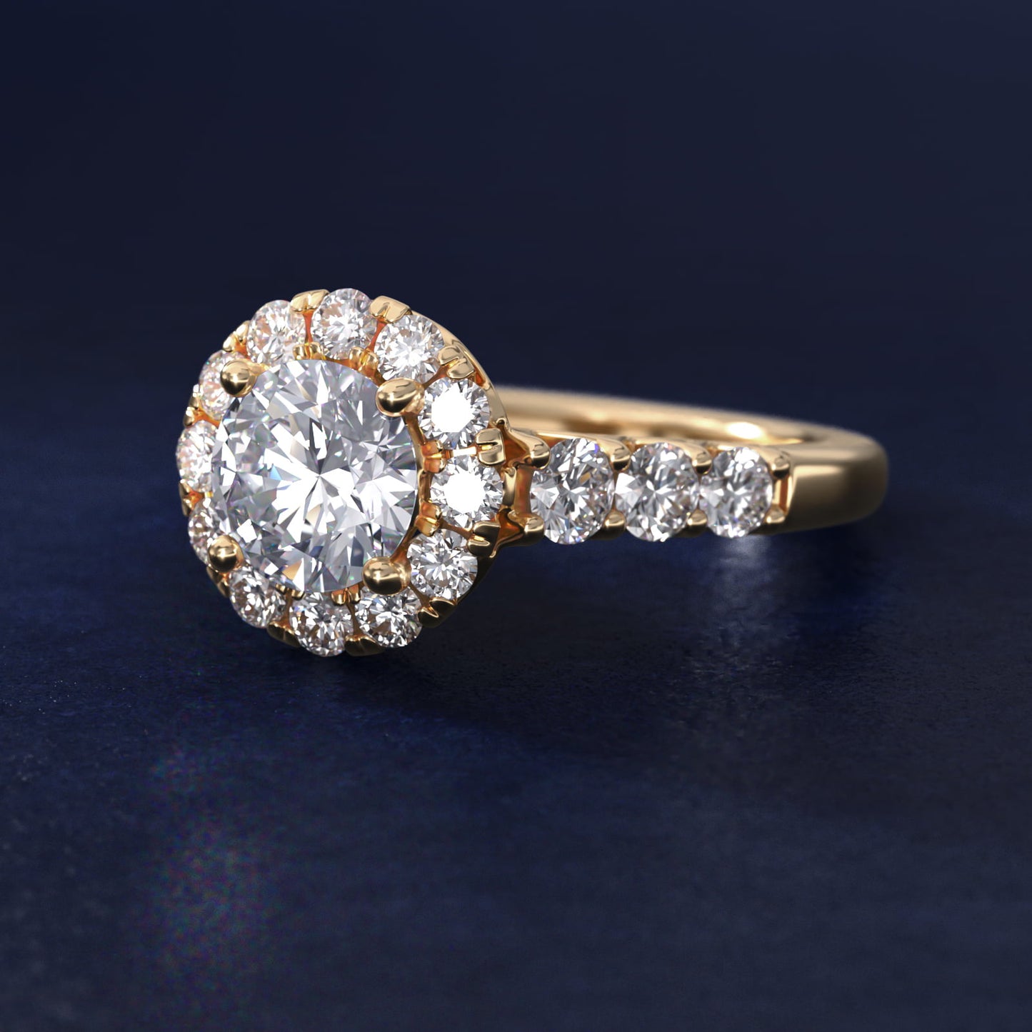 Royal Crown Halo Diamond Engagement Ring in 14K Yellow Gold - Round Center