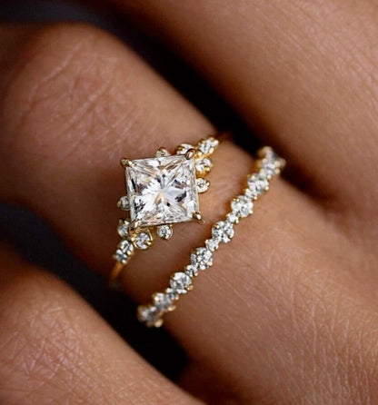 Wedding Bridal Ring Set 14k Yellow Gold Plated 2Ct Princess Simulated Diamond