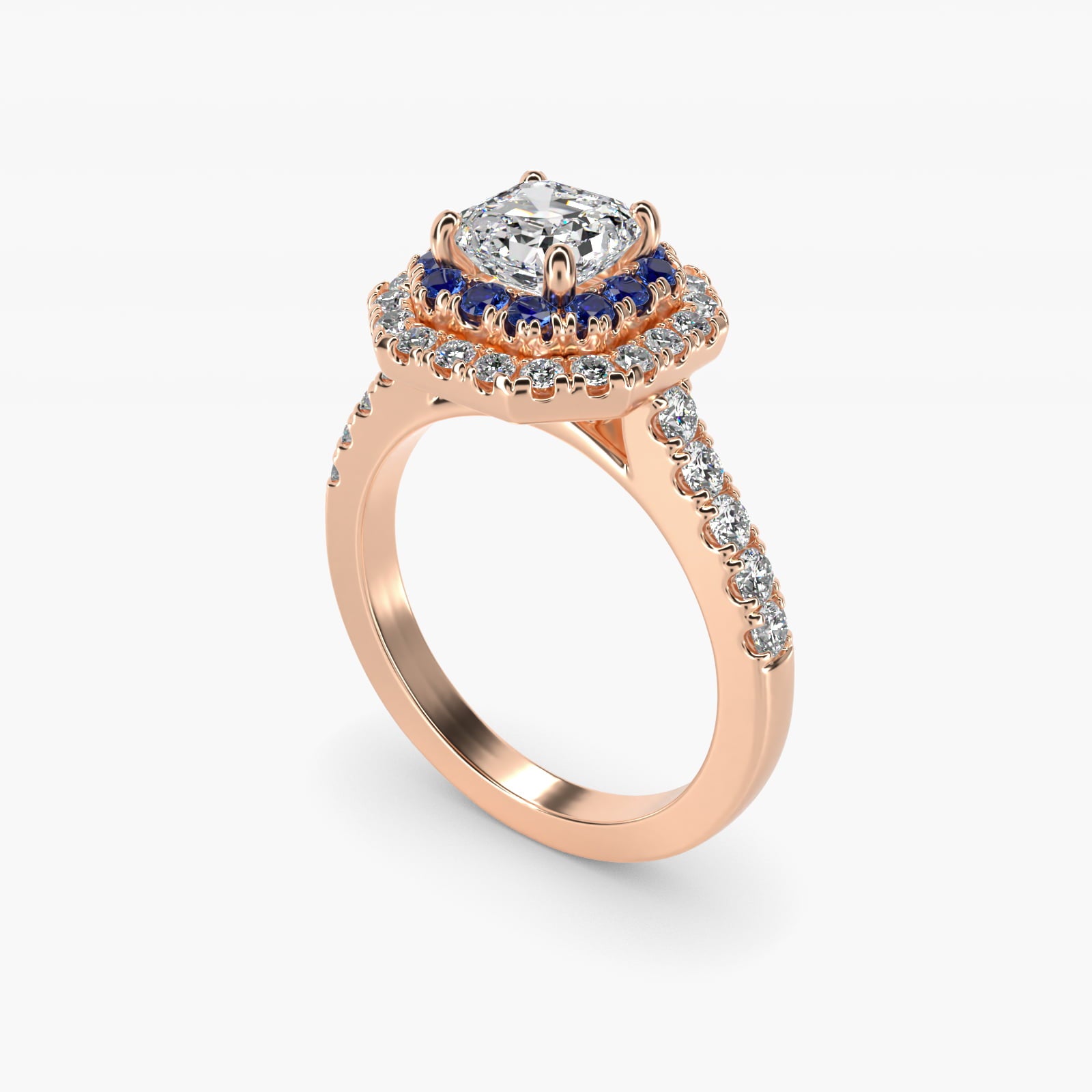 Sapphire and Diamond Double Halo Engagement Ring in 18k Rose Gold (1/2 ct. tw.) - Asscher Center