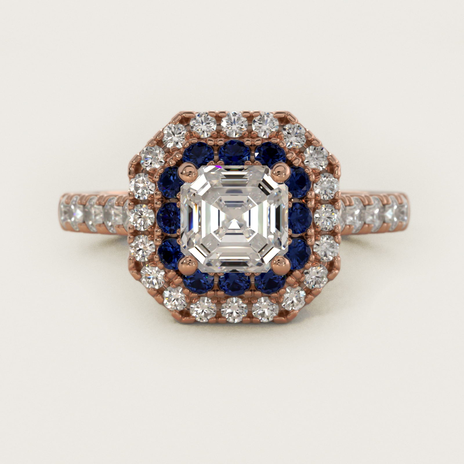 Sapphire and Diamond Double Halo Engagement Ring in 14k Rose Gold (1/2 ct. tw.) - Asscher Center