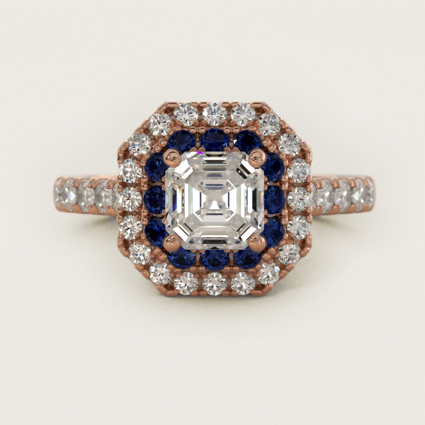 Sapphire and Diamond Double Halo Engagement Ring in 18k Rose Gold (1/2 ct. tw.) - Asscher Center