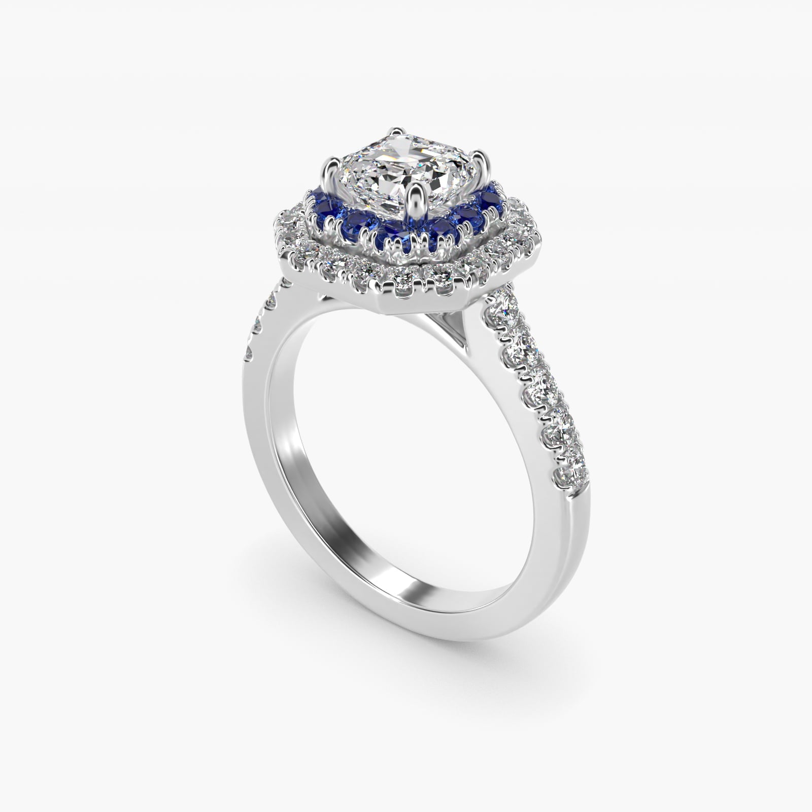 Sapphire and Diamond Double Halo Engagement Ring in 14k White Gold (1/2 ct. tw.) - Asscher Center