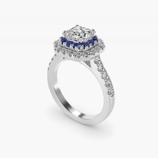 Sapphire and Diamond Double Halo Engagement Ring in 14k White Gold (1/2 ct. tw.) - Asscher Center
