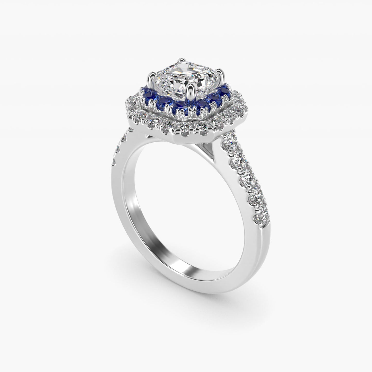 Sapphire and Diamond Double Halo Engagement Ring in 18k White Gold (1/2 ct. tw.) - Asscher Center