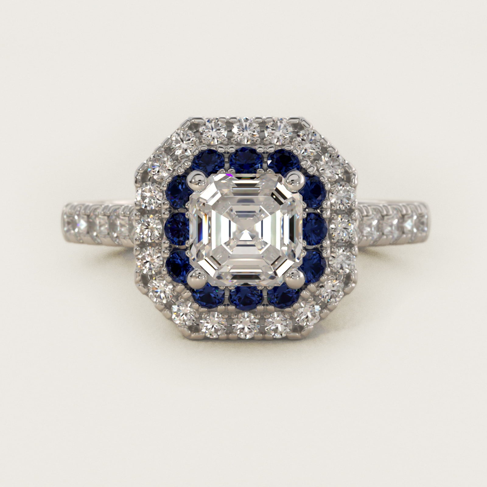 Sapphire and Diamond Double Halo Engagement Ring in 14k White Gold (1/2 ct. tw.) - Asscher Center