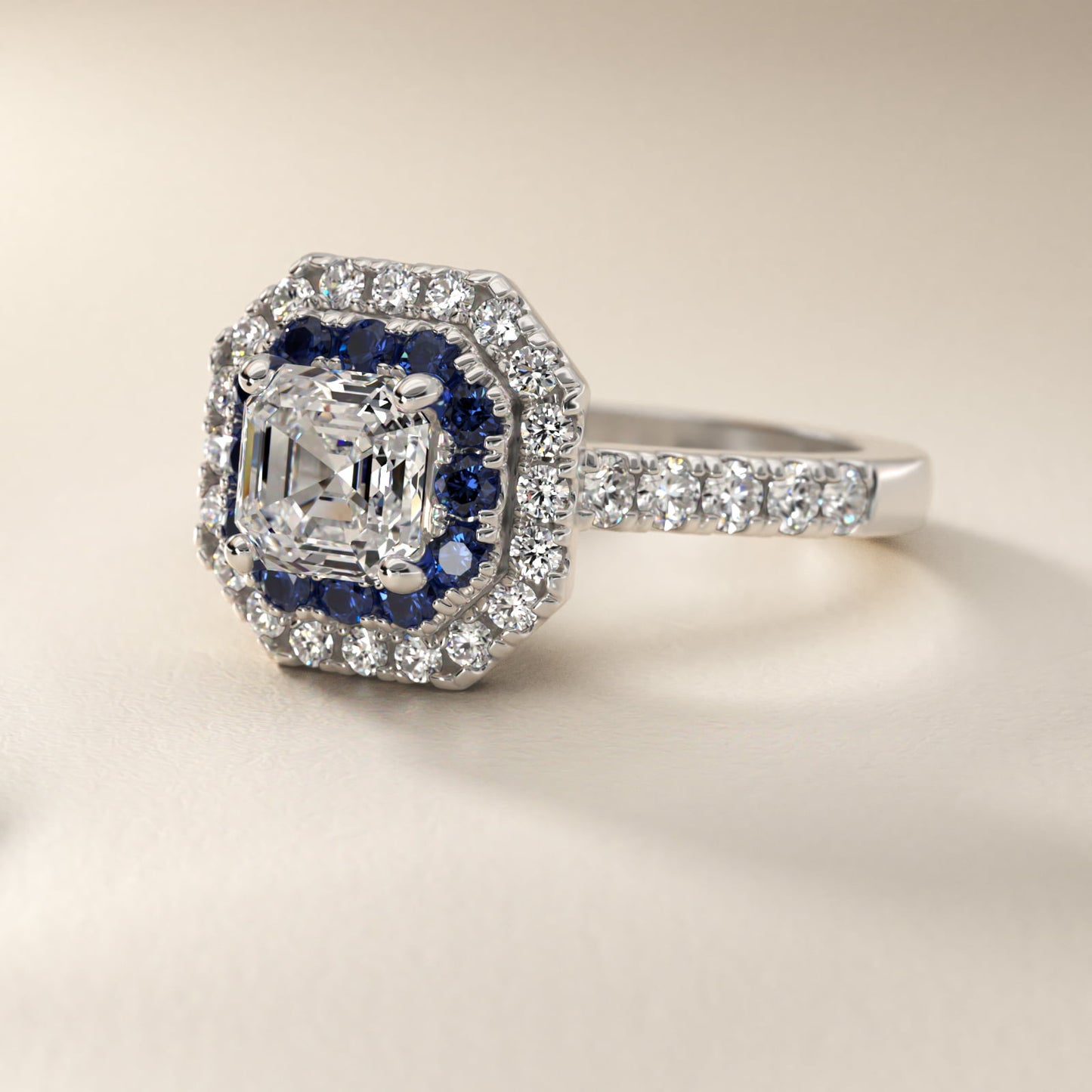 Sapphire and Diamond Double Halo Engagement Ring in 18k White Gold (1/2 ct. tw.) - Asscher Center