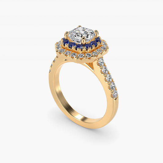 Sapphire and Diamond Double Halo Engagement Ring in 14K Yellow Gold (1/2 ct. tw.) - Asscher Center