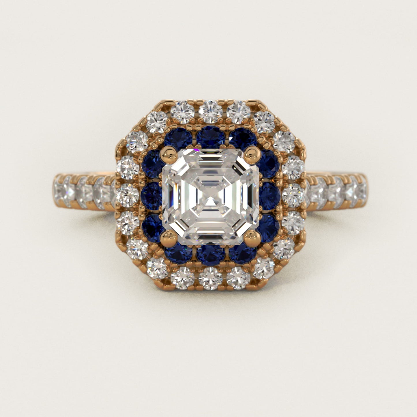 Sapphire and Diamond Double Halo Engagement Ring in 14K Yellow Gold (1/2 ct. tw.) - Asscher Center