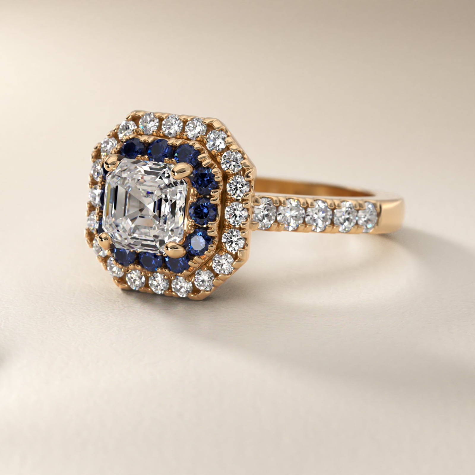Sapphire and Diamond Double Halo Engagement Ring in 18k Yellow Gold (1/2 ct. tw.) - Asscher Center