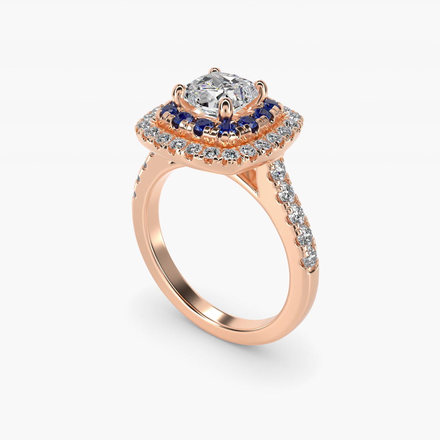 Sapphire and Diamond Double Halo Engagement Ring in 18k Rose Gold (1/2 ct. tw.) - Cushion Center