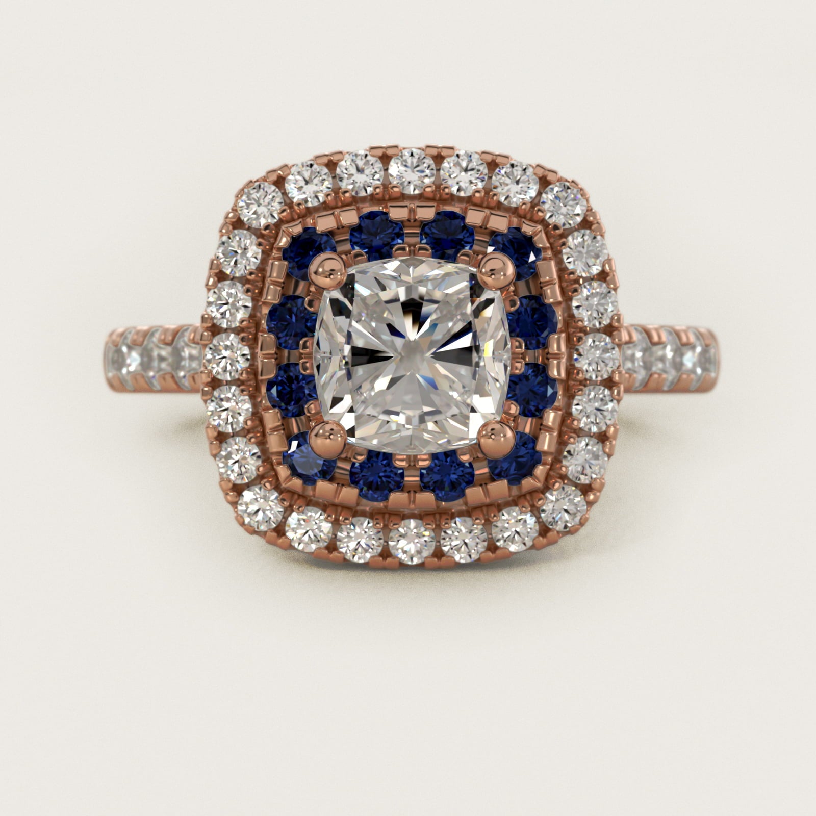 Sapphire and Diamond Double Halo Engagement Ring in 18k Rose Gold (1/2 ct. tw.) - Cushion Center