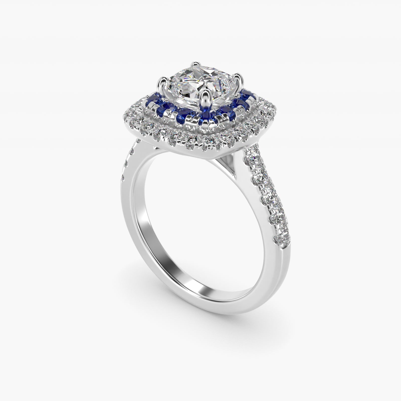 Sapphire and Diamond Double Halo Engagement Ring in 18k White Gold (1/2 ct. tw.) - Cushion Center
