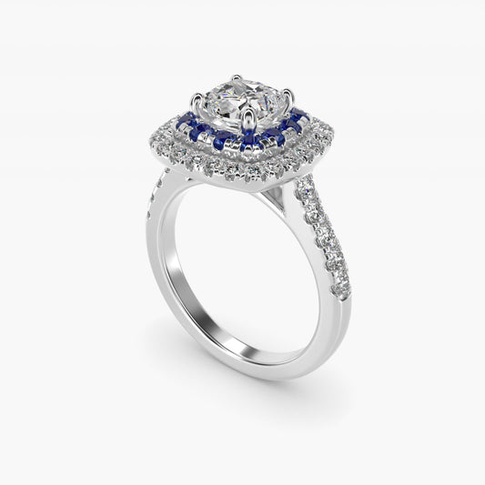 Sapphire and Diamond Double Halo Engagement Ring in 18k White Gold (1/2 ct. tw.) - Cushion Center