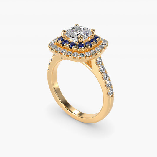 Sapphire and Diamond Double Halo Engagement Ring in 14K Yellow Gold (1/2 ct. tw.) - Cushion Center