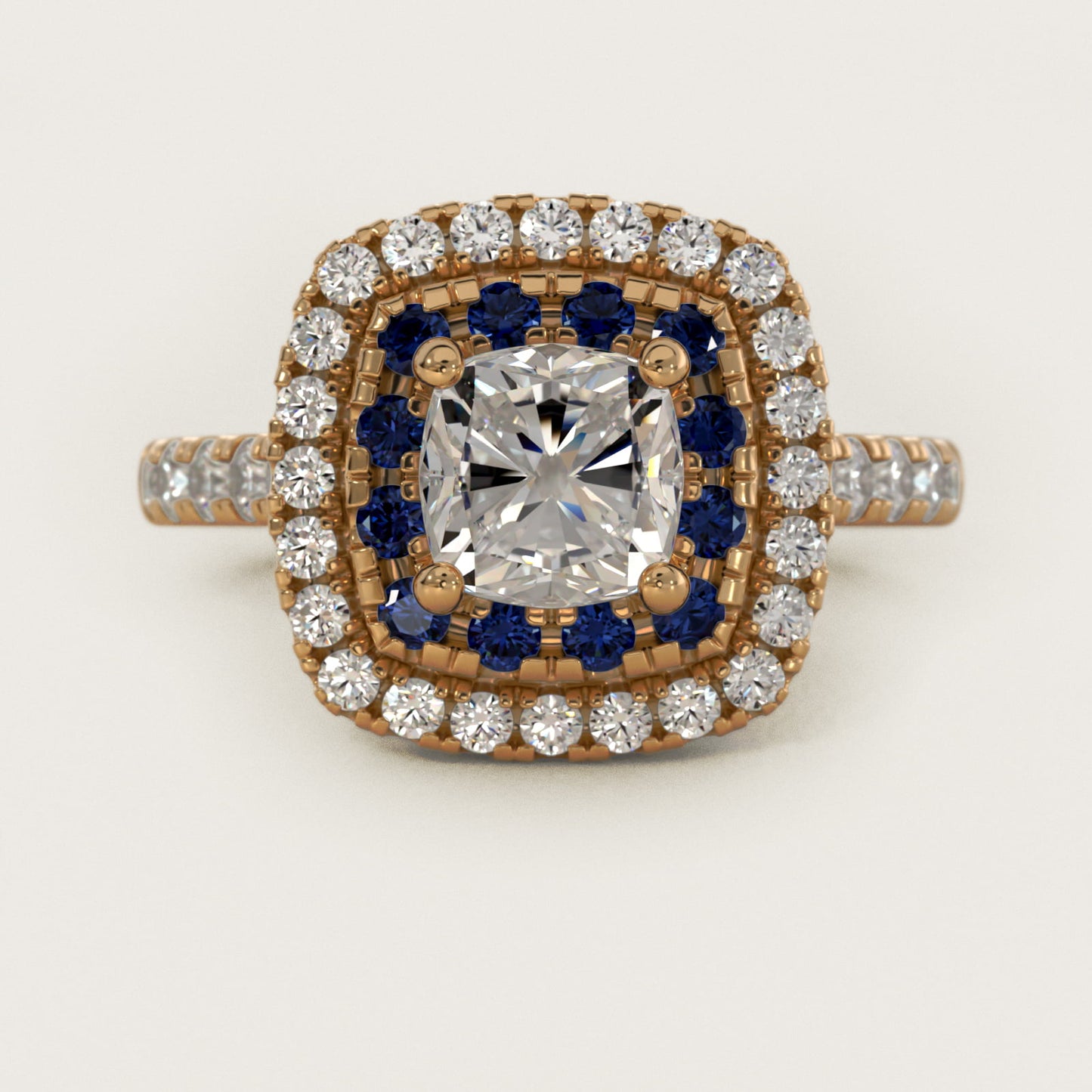Sapphire and Diamond Double Halo Engagement Ring in 18k Yellow Gold (1/2 ct. tw.) - Cushion Center
