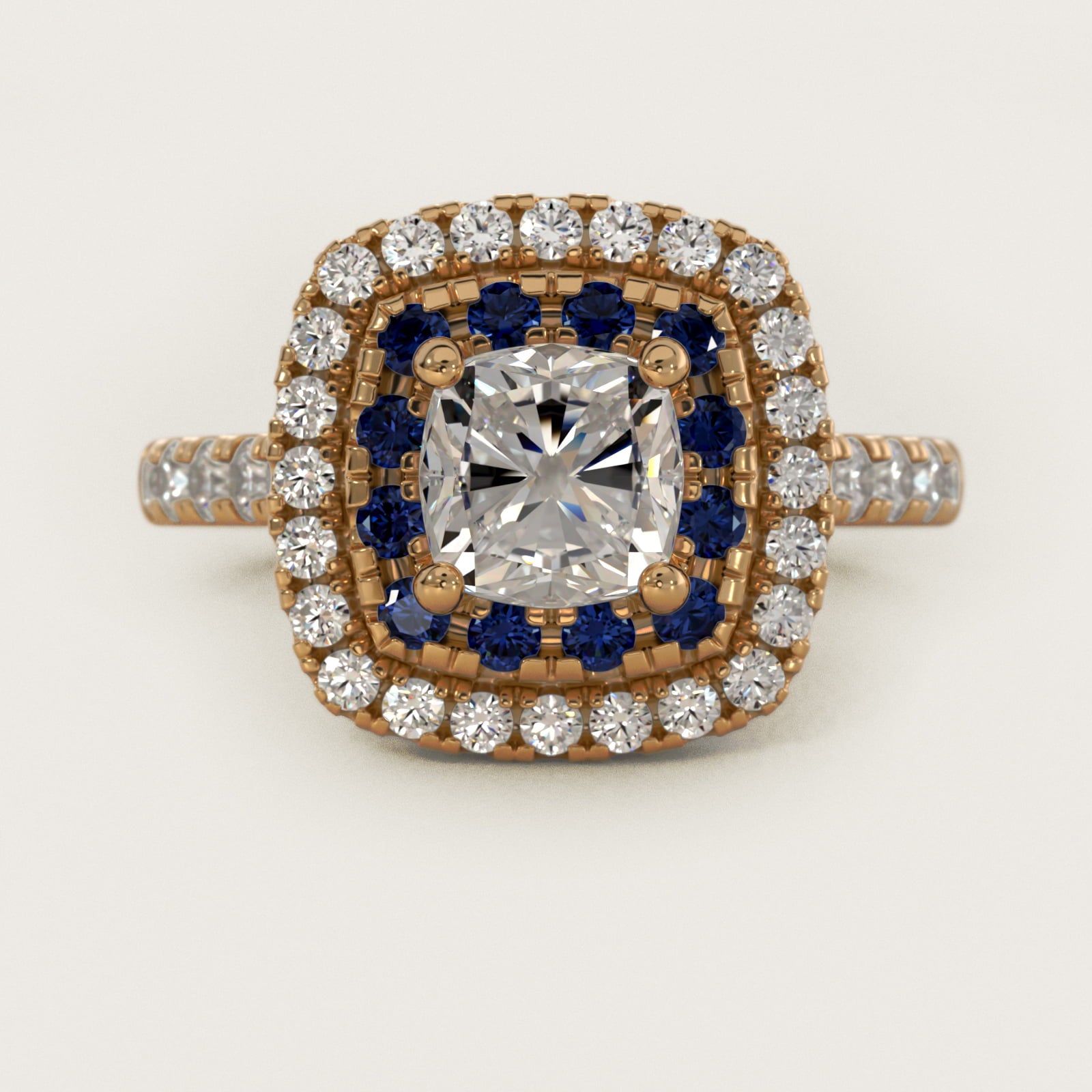 Sapphire and Diamond Double Halo Engagement Ring in 18k Yellow Gold (1/2 ct. tw.) - Cushion Center