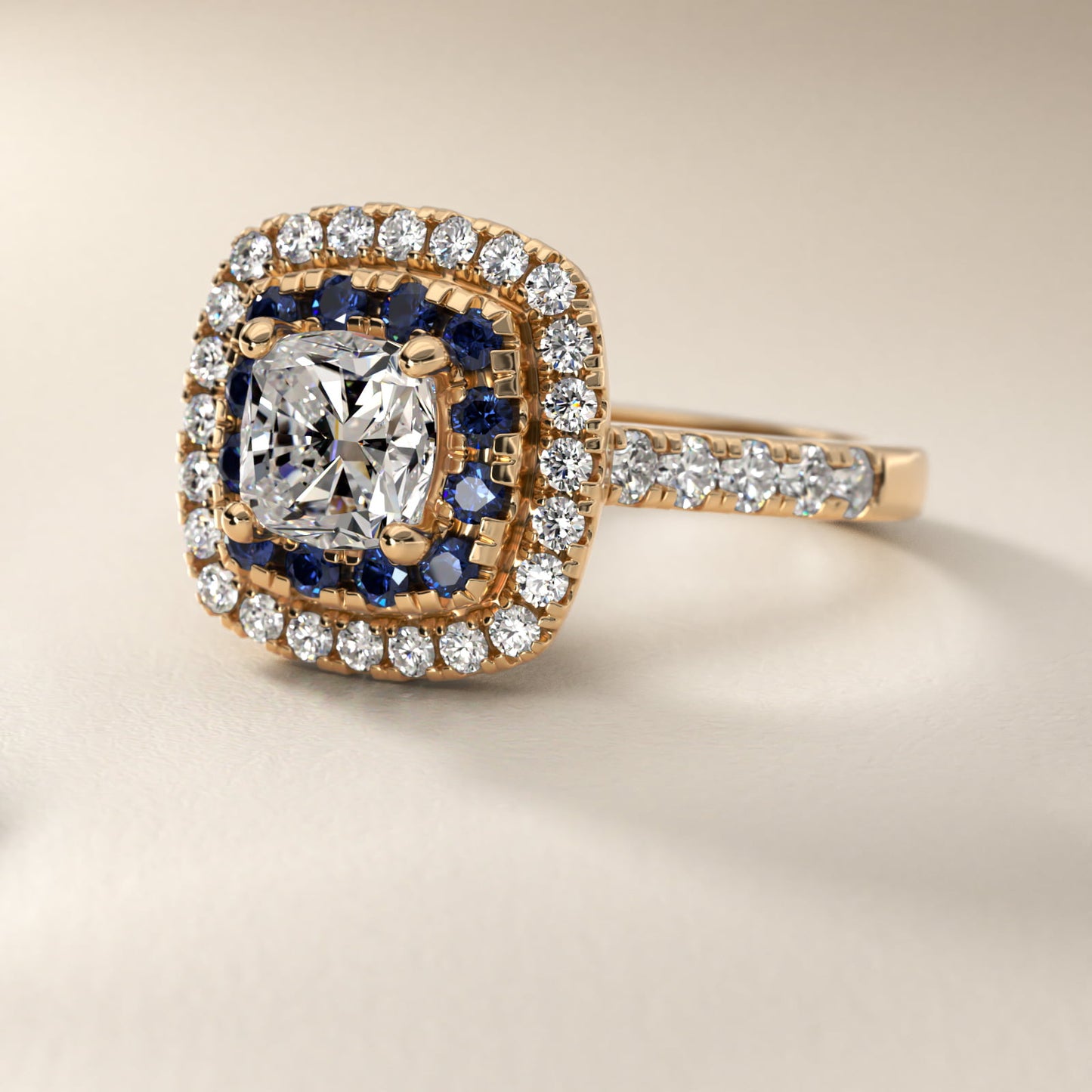 Sapphire and Diamond Double Halo Engagement Ring in 14K Yellow Gold (1/2 ct. tw.) - Cushion Center