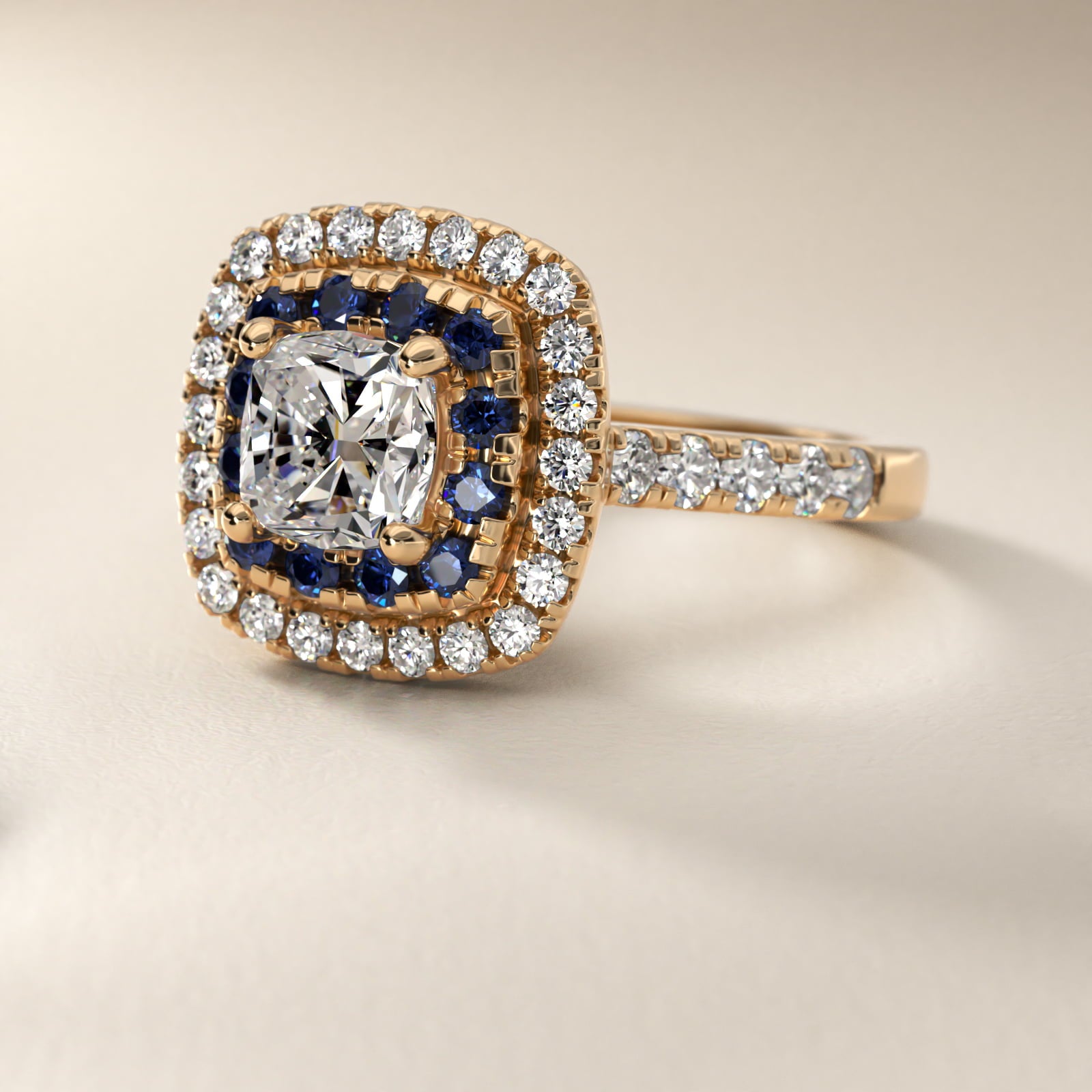 Sapphire and Diamond Double Halo Engagement Ring in 14K Yellow Gold (1/2 ct. tw.) - Cushion Center