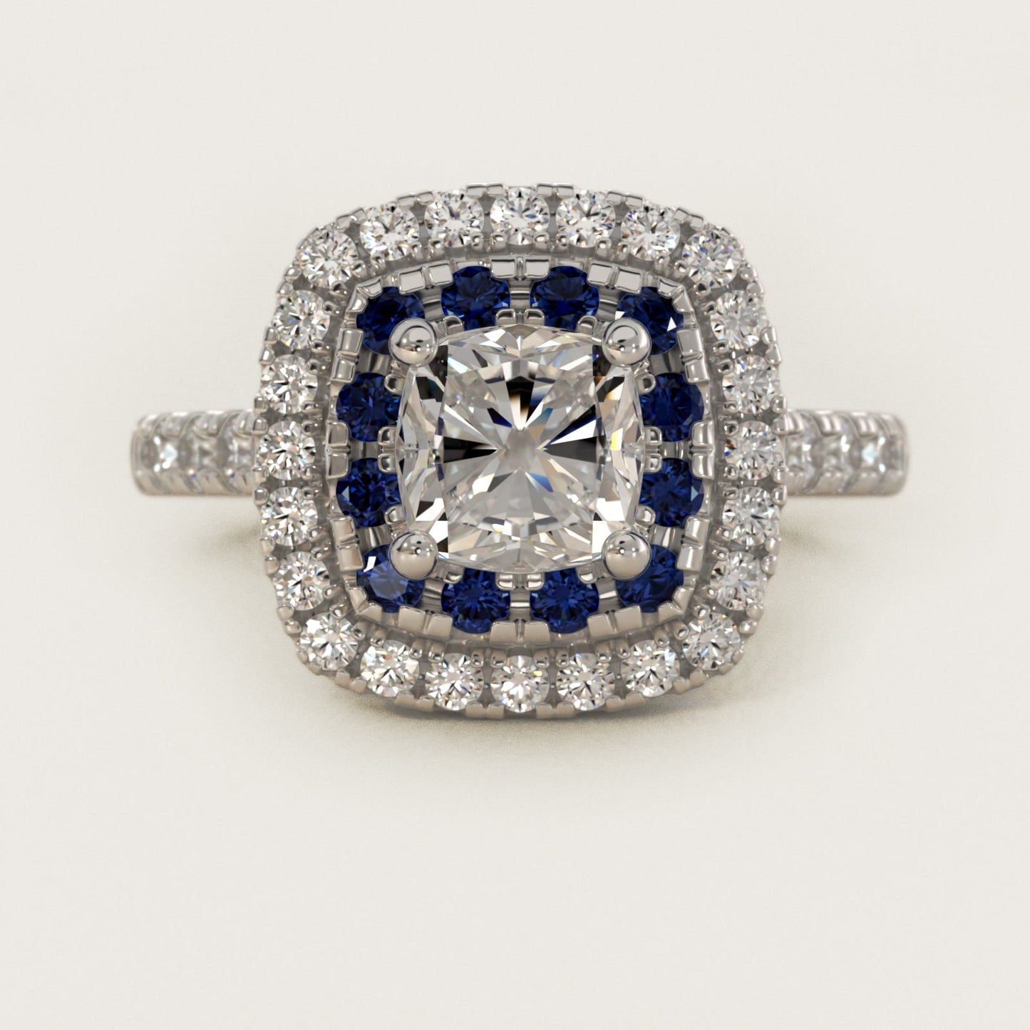 Sapphire and Diamond Double Halo Engagement Ring in Platinum (1/2 ct. tw.) - Cushion Center