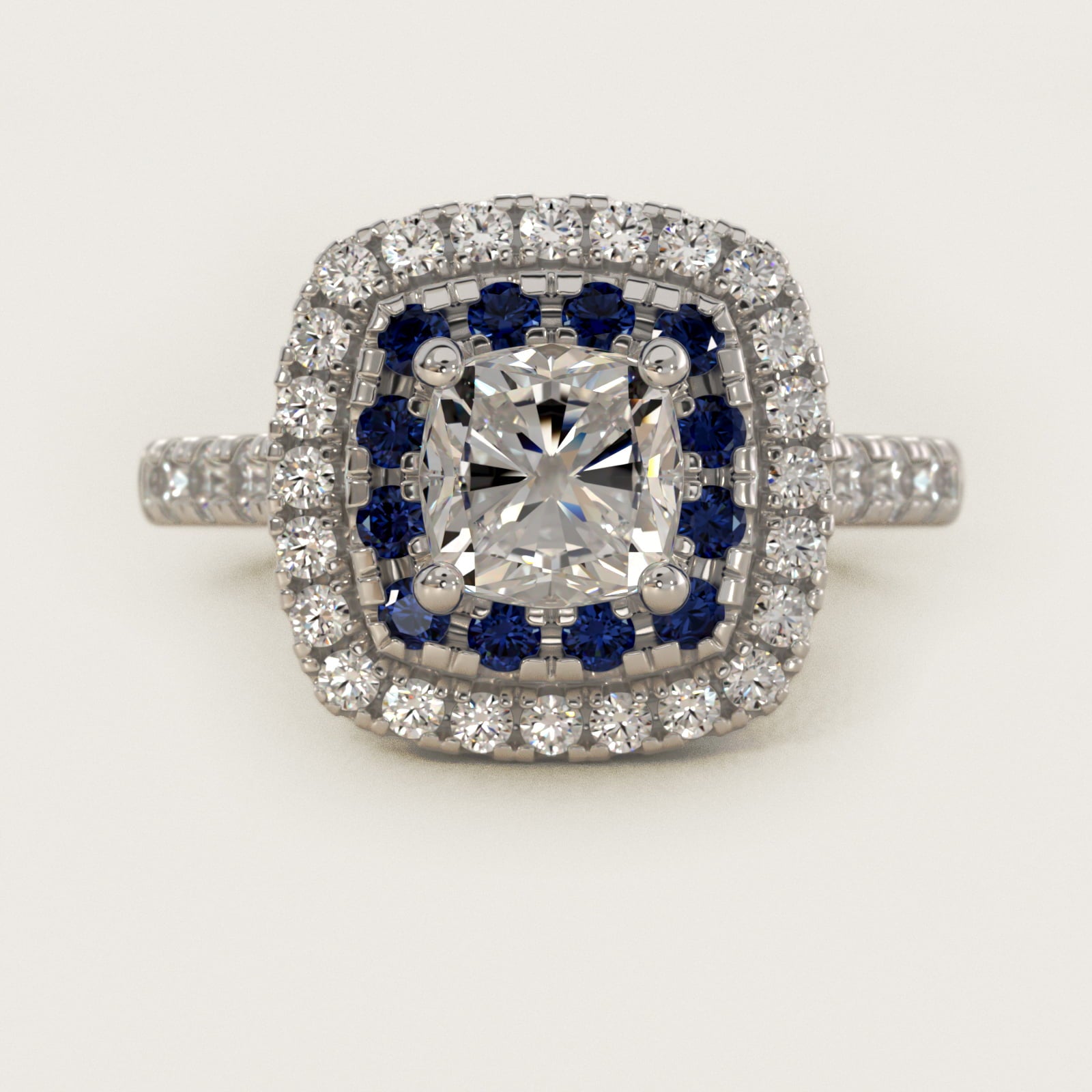 Sapphire and Diamond Double Halo Engagement Ring in Platinum (1/2 ct. tw.) - Cushion Center