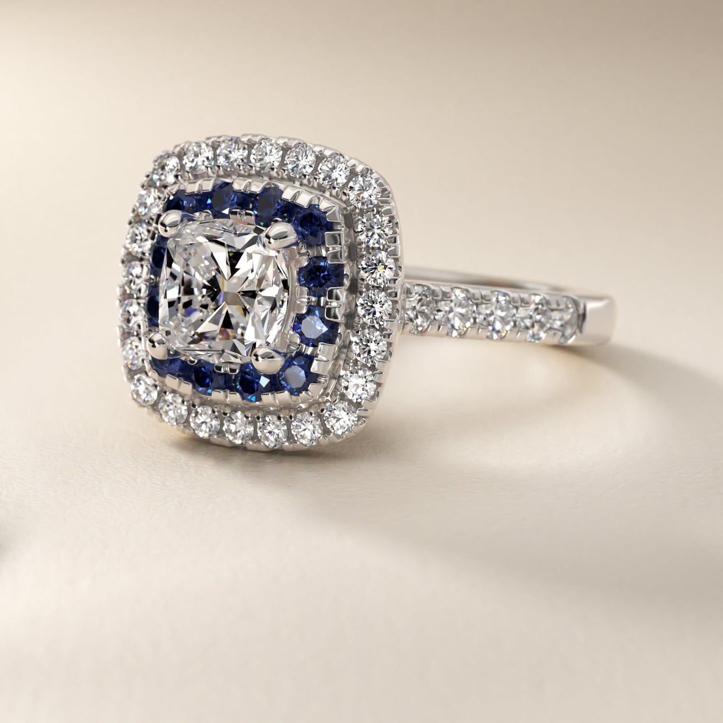Sapphire and Diamond Double Halo Engagement Ring in Platinum (1/2 ct. tw.) - Cushion Center