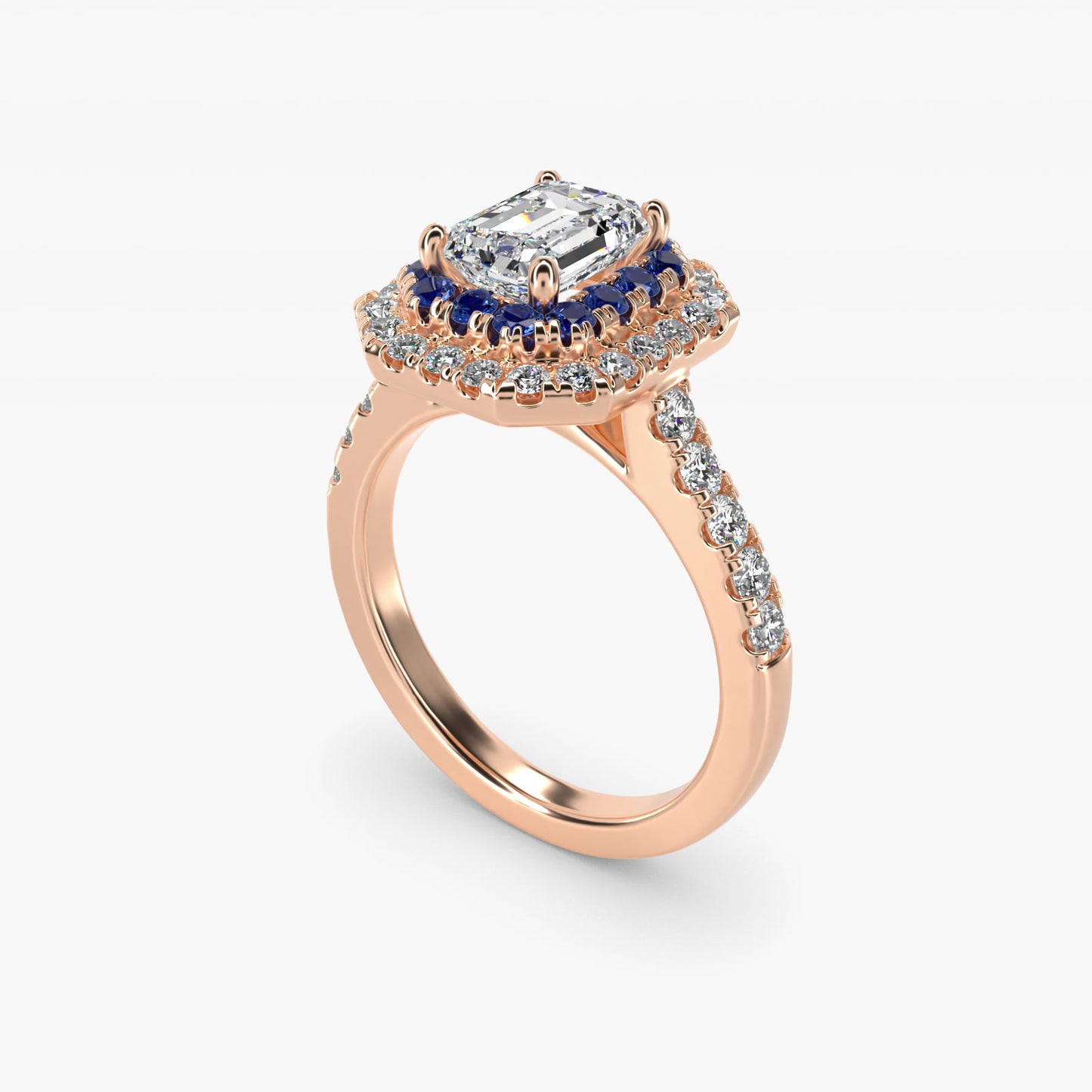 Sapphire and Diamond Double Halo Engagement Ring in 14k Rose Gold (1/2 ct. tw.) - Emerald Center