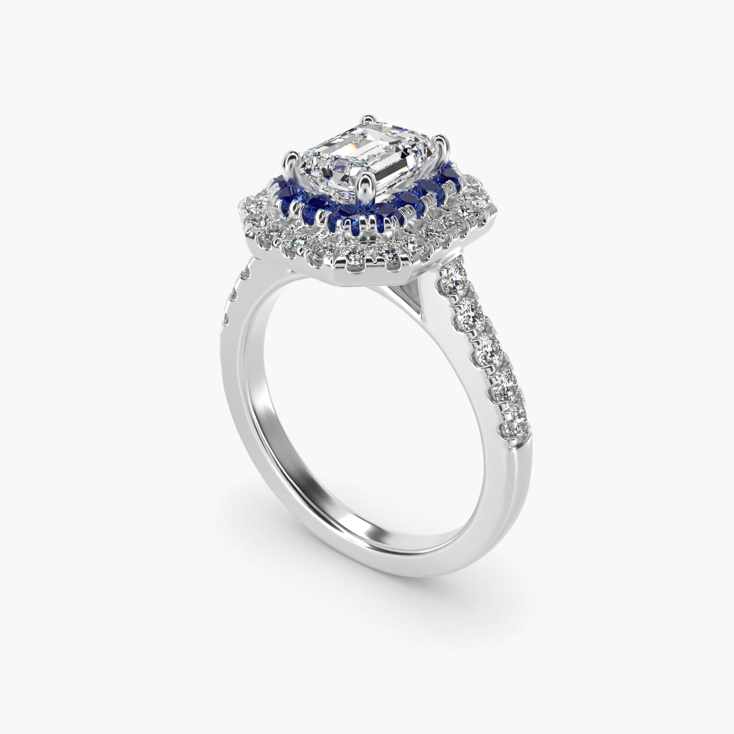 Sapphire and Diamond Double Halo Engagement Ring in 14k White Gold (1/2 ct. tw.) - Emerald Center