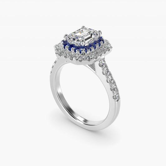 Sapphire and Diamond Double Halo Engagement Ring in 14k White Gold (1/2 ct. tw.) - Emerald Center