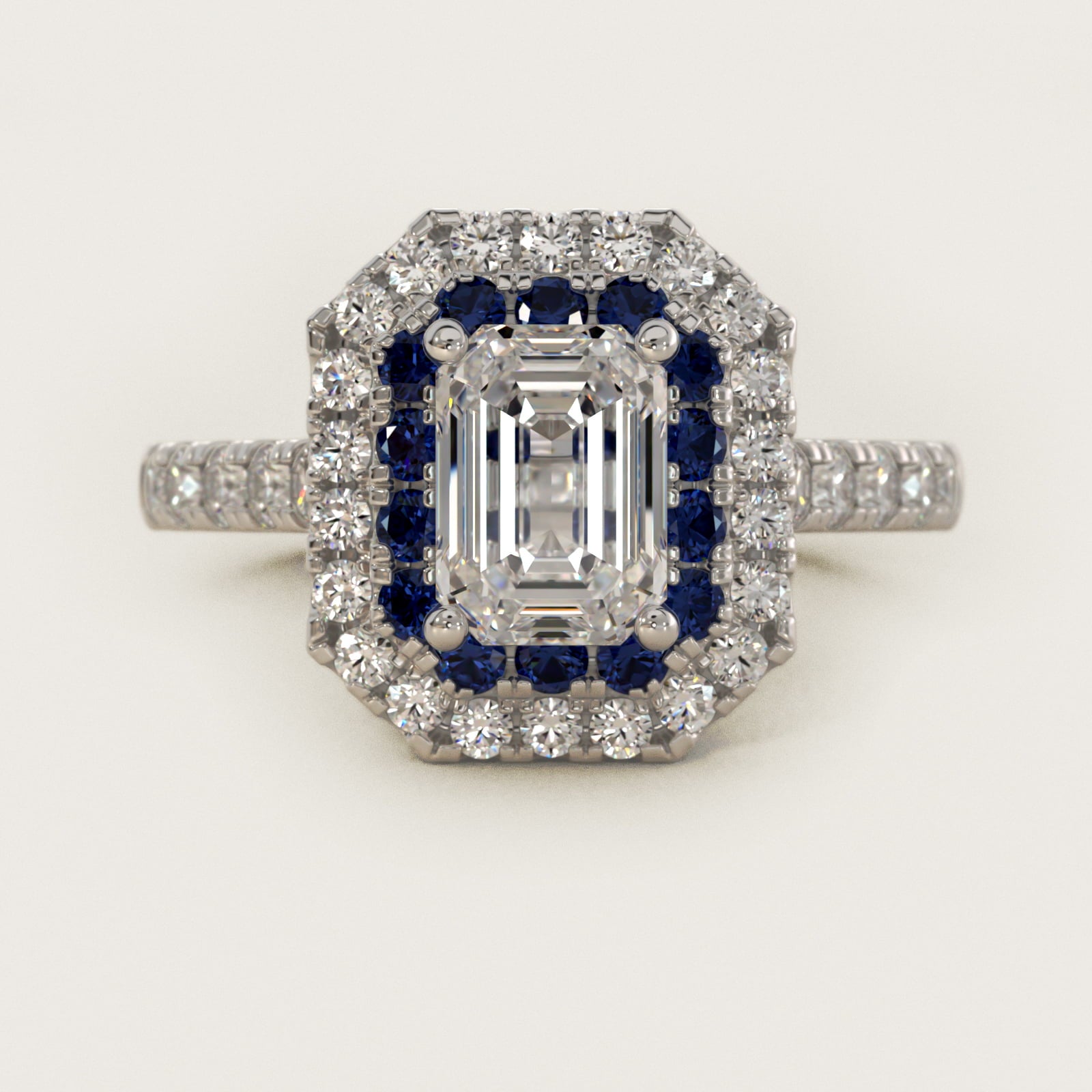 Sapphire and Diamond Double Halo Engagement Ring in 14k White Gold (1/2 ct. tw.) - Emerald Center