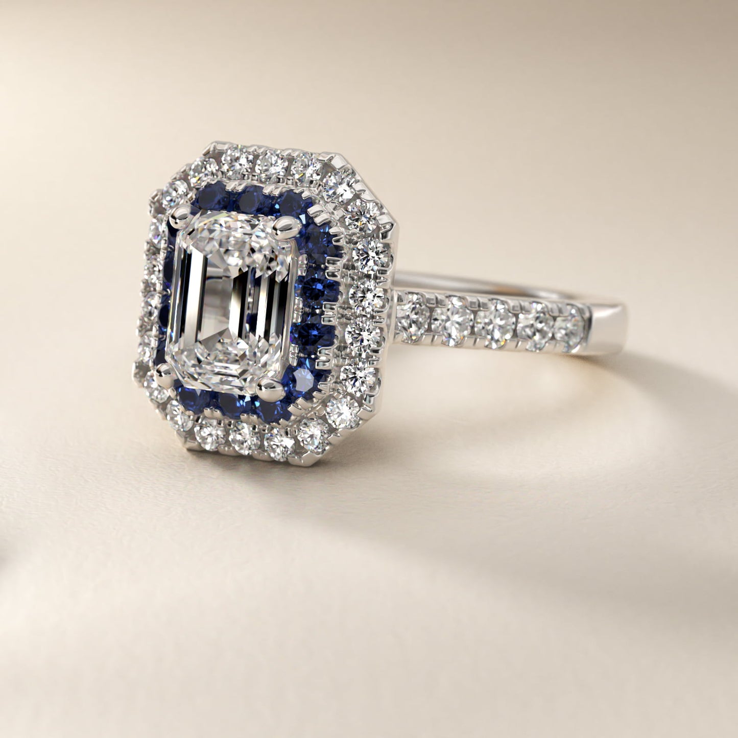 Sapphire and Diamond Double Halo Engagement Ring in 18k White Gold (1/2 ct. tw.) - Emerald Center