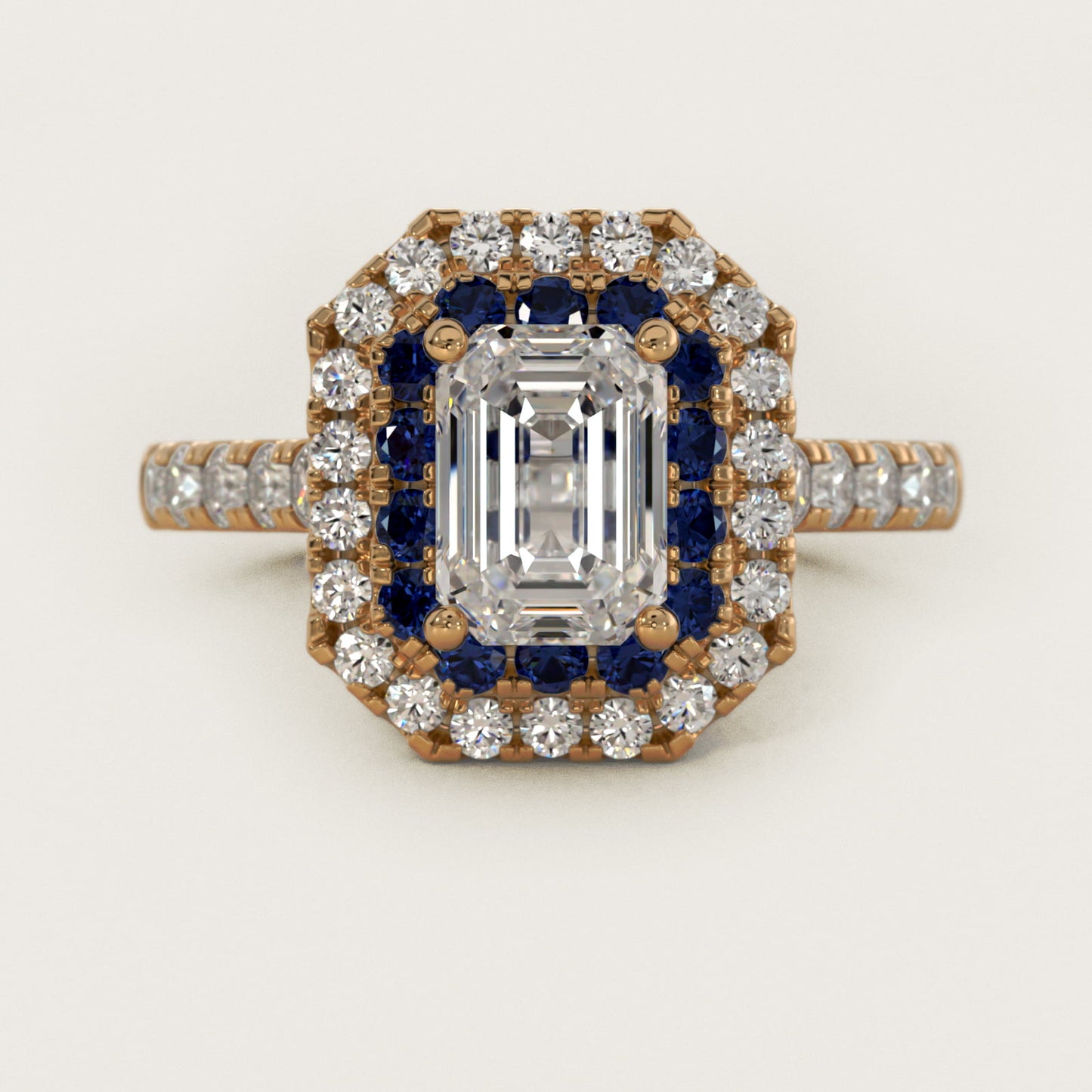 Sapphire and Diamond Double Halo Engagement Ring in 18k Yellow Gold (1/2 ct. tw.) - Emerald Center