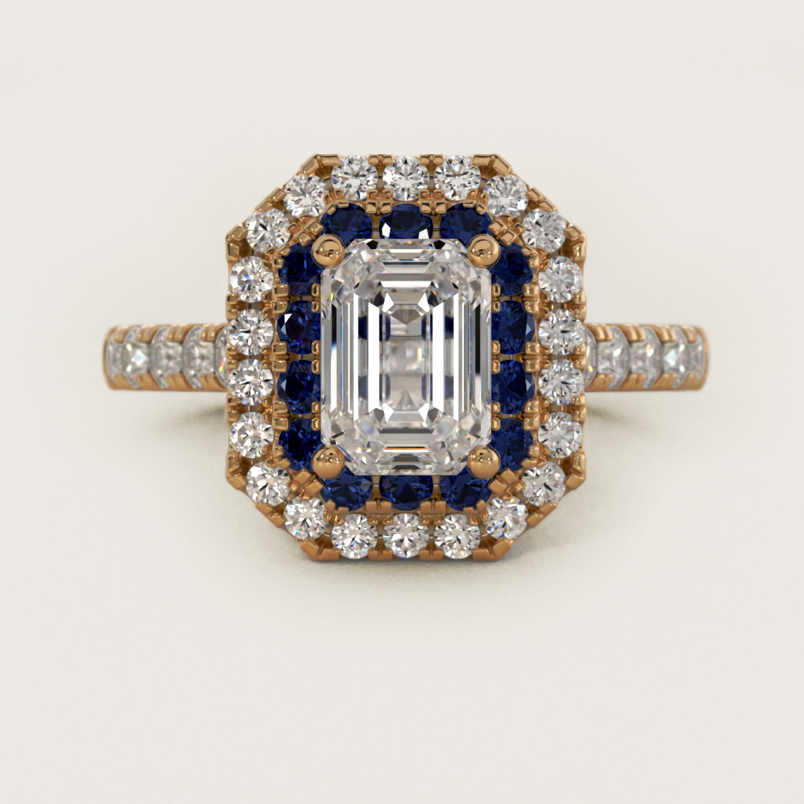 Sapphire and Diamond Double Halo Engagement Ring in 18k Yellow Gold (1/2 ct. tw.) - Emerald Center