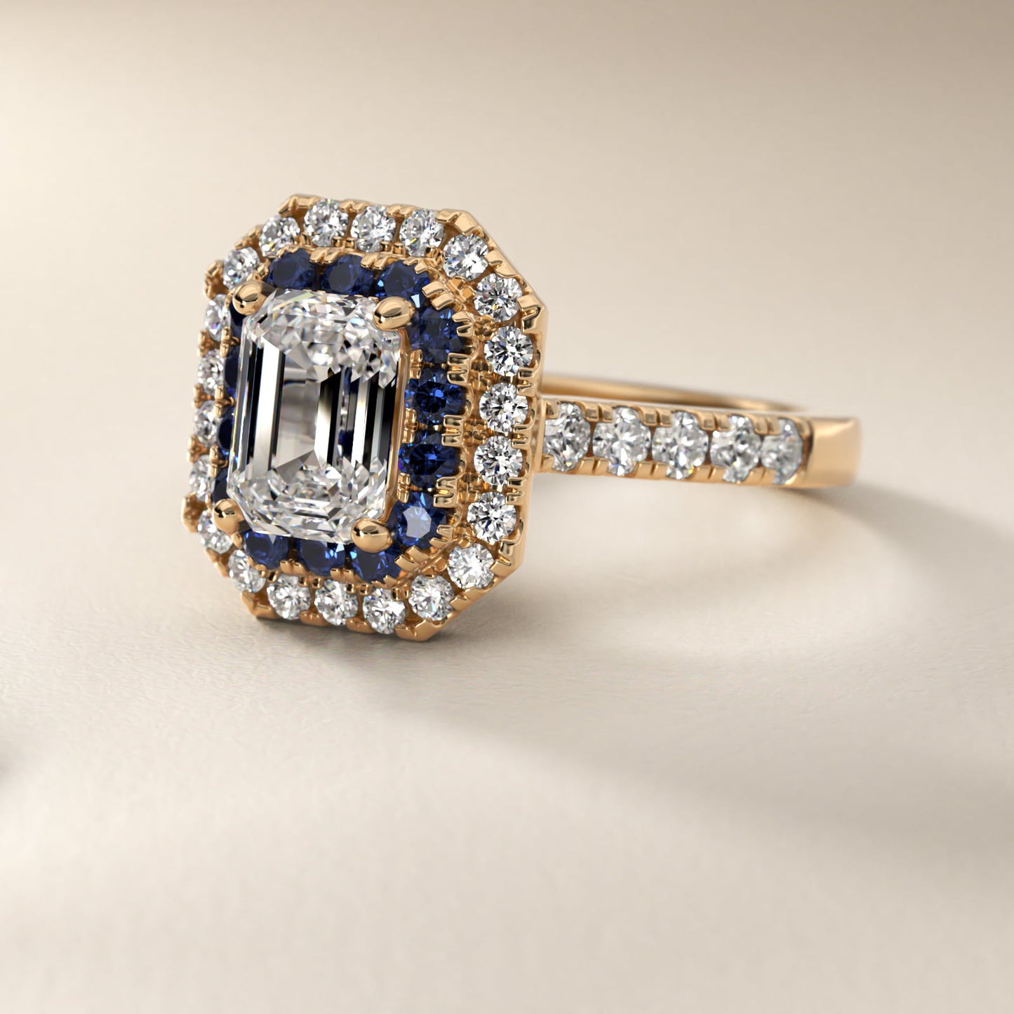 Sapphire and Diamond Double Halo Engagement Ring in 18k Yellow Gold (1/2 ct. tw.) - Emerald Center